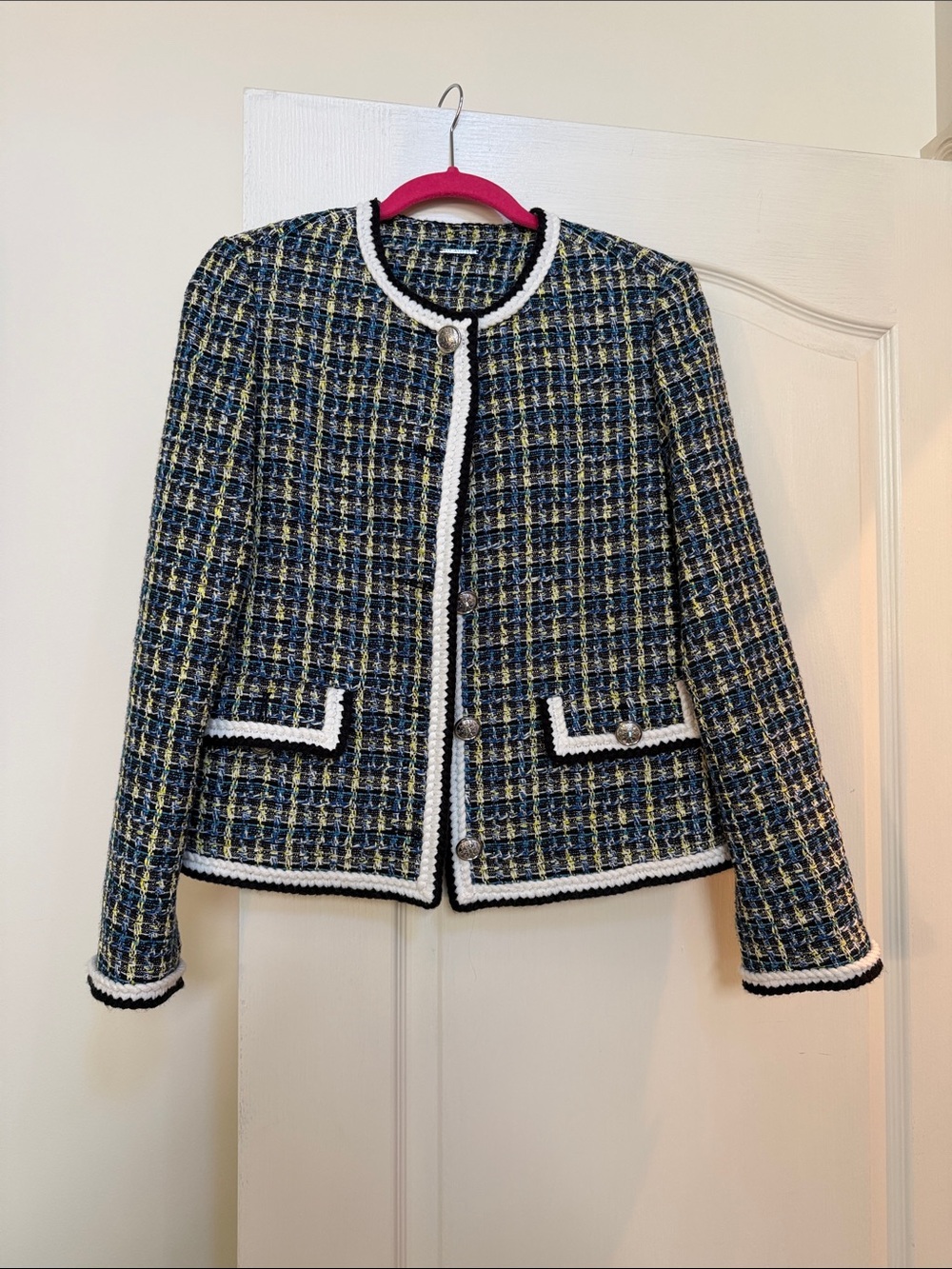 Elie Tahari Navy, Yellow & White Tweed Cropped Jacket